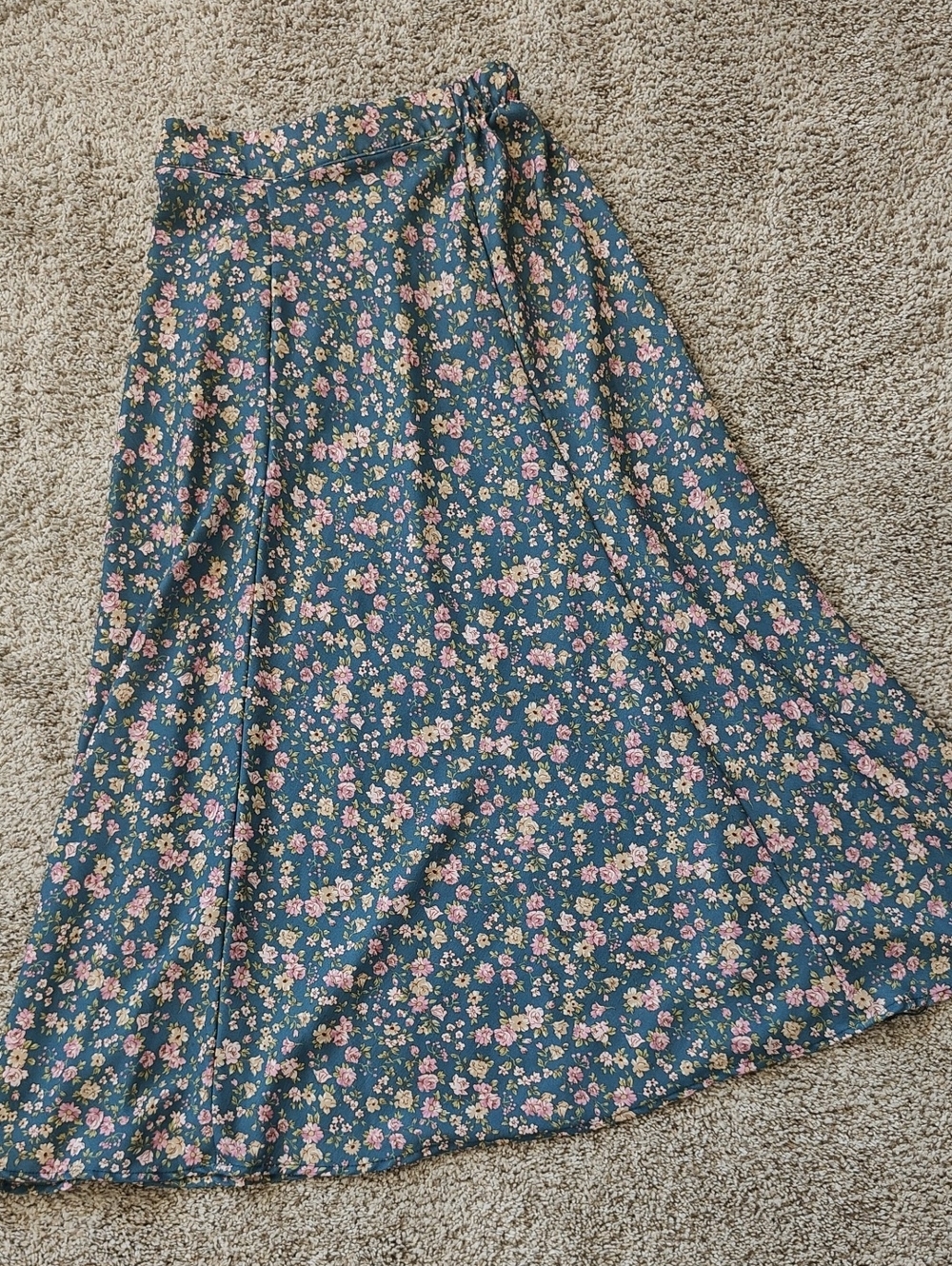 Altar'd State Teal Floral Midi Skirt with Pink Blooms